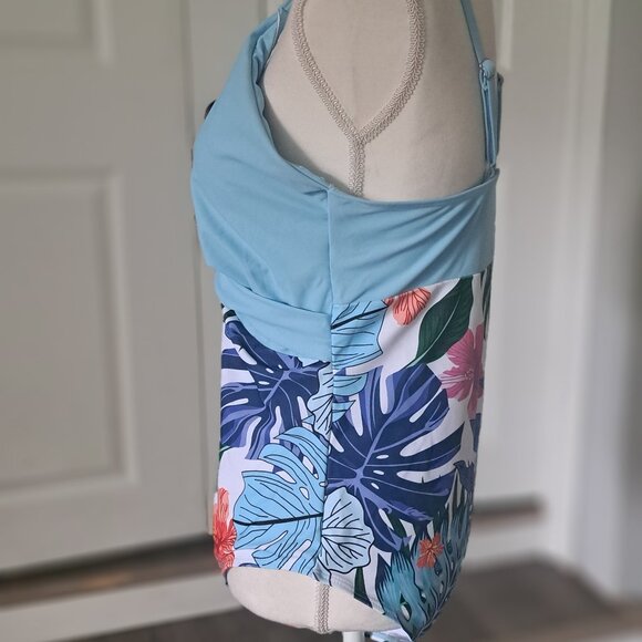 Binlowis V-Neck Push up One Piece Swimsuit Blue/Floral Print XL NWT - Picture 4 of 9